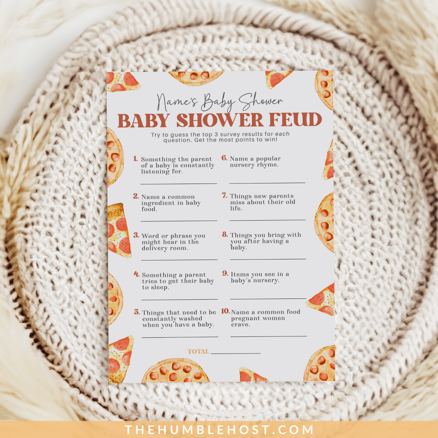 Slice Slice Baby Shower Game, Family Feud Baby Trivia, Pizza Baby Shower Printable Game Template, Gender Neutral Baby Game Editable Template, coed baby shower, editable shower, baby shower trivia, printable games, shower games girl, shower games boy