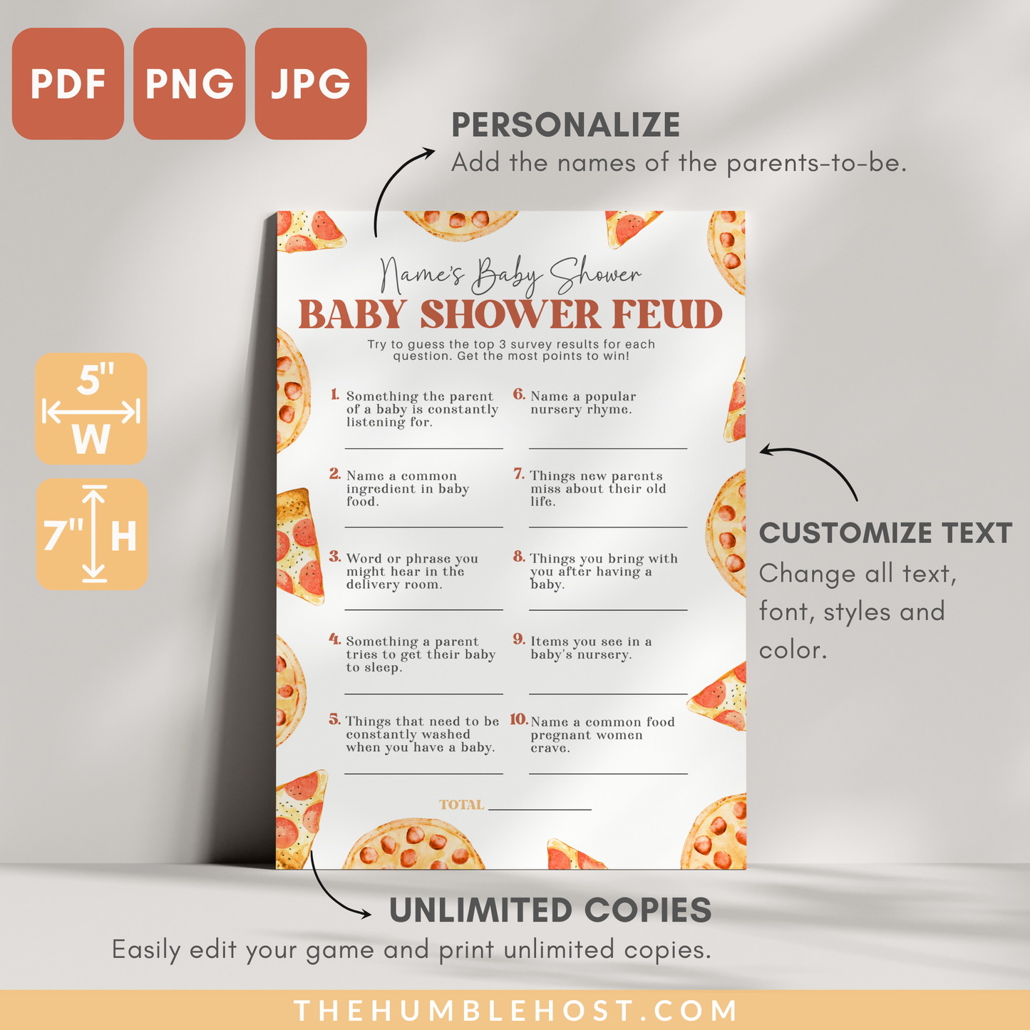 Slice Slice Baby Shower Game, Family Feud Baby Trivia, Pizza Baby Shower Printable Game Template, Gender Neutral Baby Game Editable Template, coed baby shower, editable shower, baby shower trivia, printable games, shower games girl, shower games boy