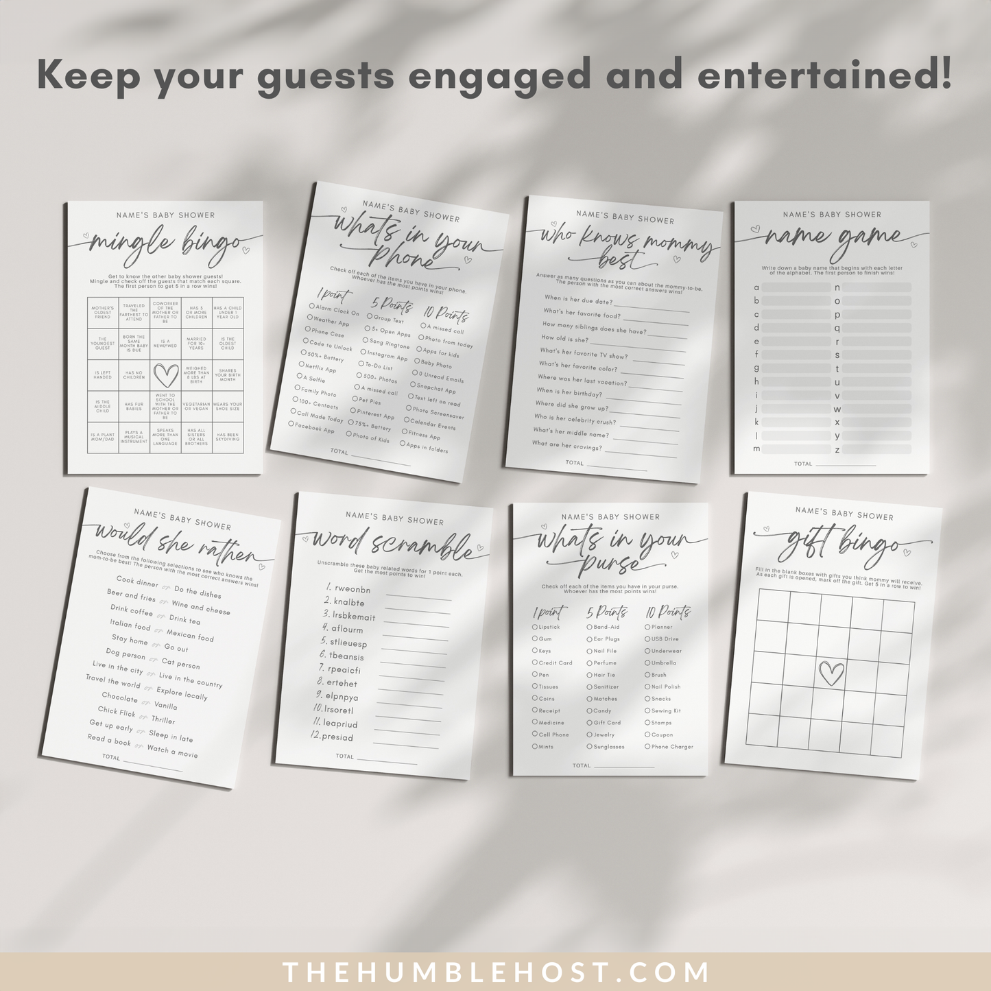 Baby Shower Game Set, Minimalist Shower Games, Gender Neutral Printable Baby game Bundle, Bingo, trivia, baby shower bundle, baby shower signs, editable template, minimal baby shower, modern baby shower, printable baby games, shower game bundle