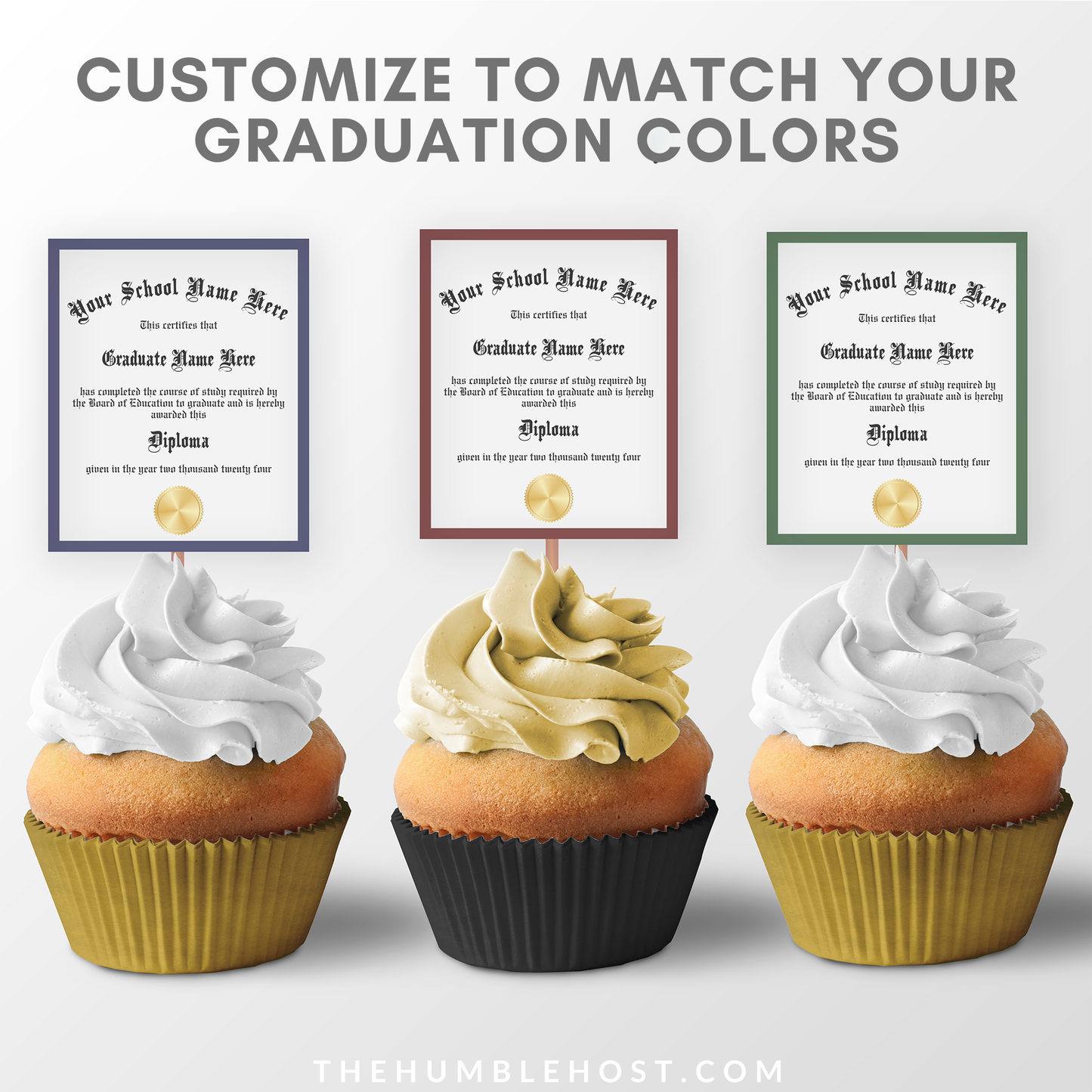 Personalized Graduation Cupcake Toppers, Custom Mini Diplomas, Graduation Party Decorations, Class of, graduation, custom party decor, graduation decor, graduation diploma template, graduation favors, graduation name, high school grad