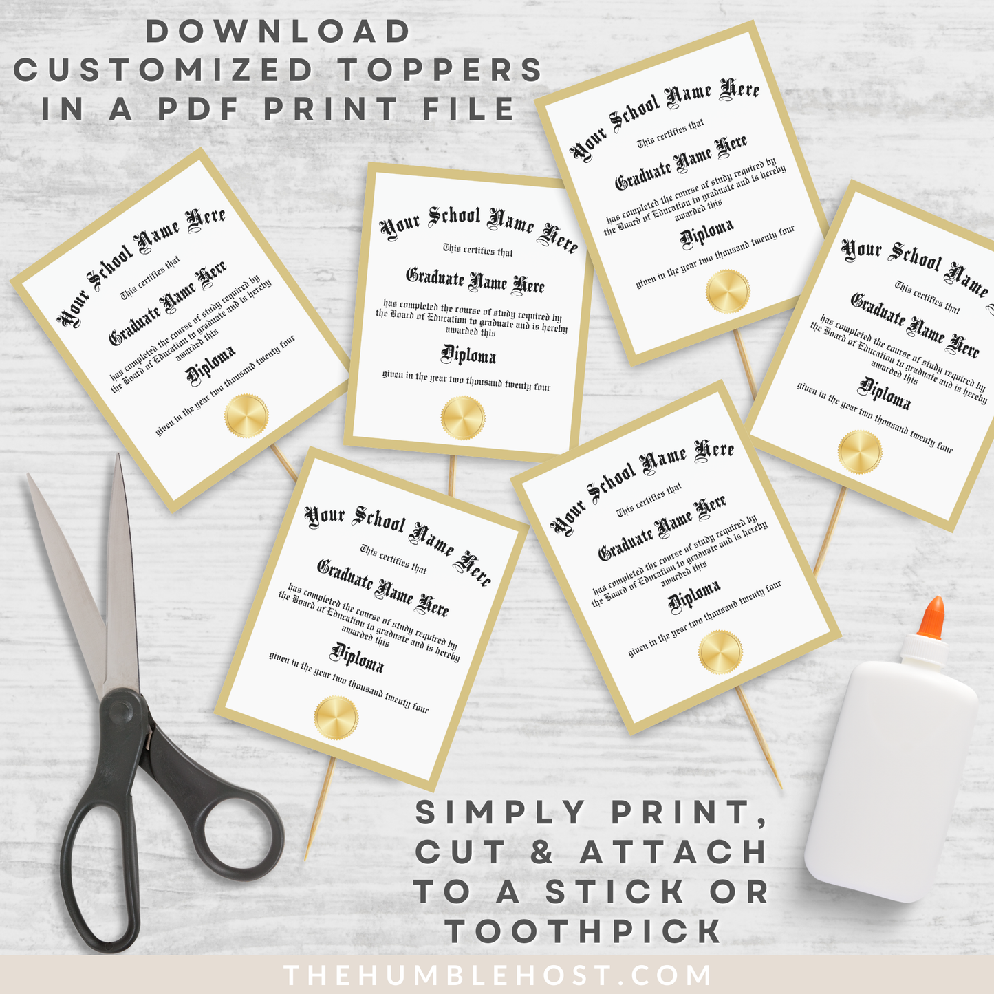 Personalized Graduation Cupcake Toppers, Custom Mini Diplomas, Graduation Party Decorations, Class of, graduation, custom party decor, graduation decor, graduation diploma template, graduation favors, graduation name, high school grad