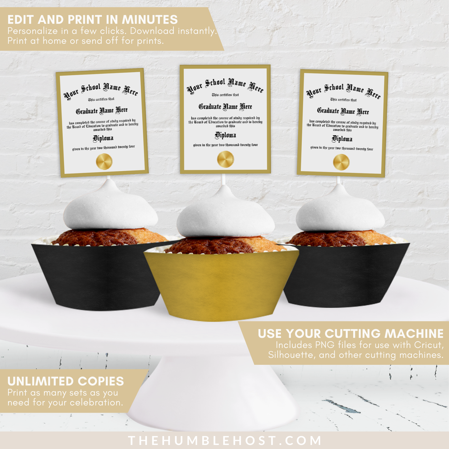 Personalized Graduation Cupcake Toppers, Custom Mini Diplomas, Graduation Party Decorations, Class of, graduation, custom party decor, graduation decor, graduation diploma template, graduation favors, graduation name, high school grad