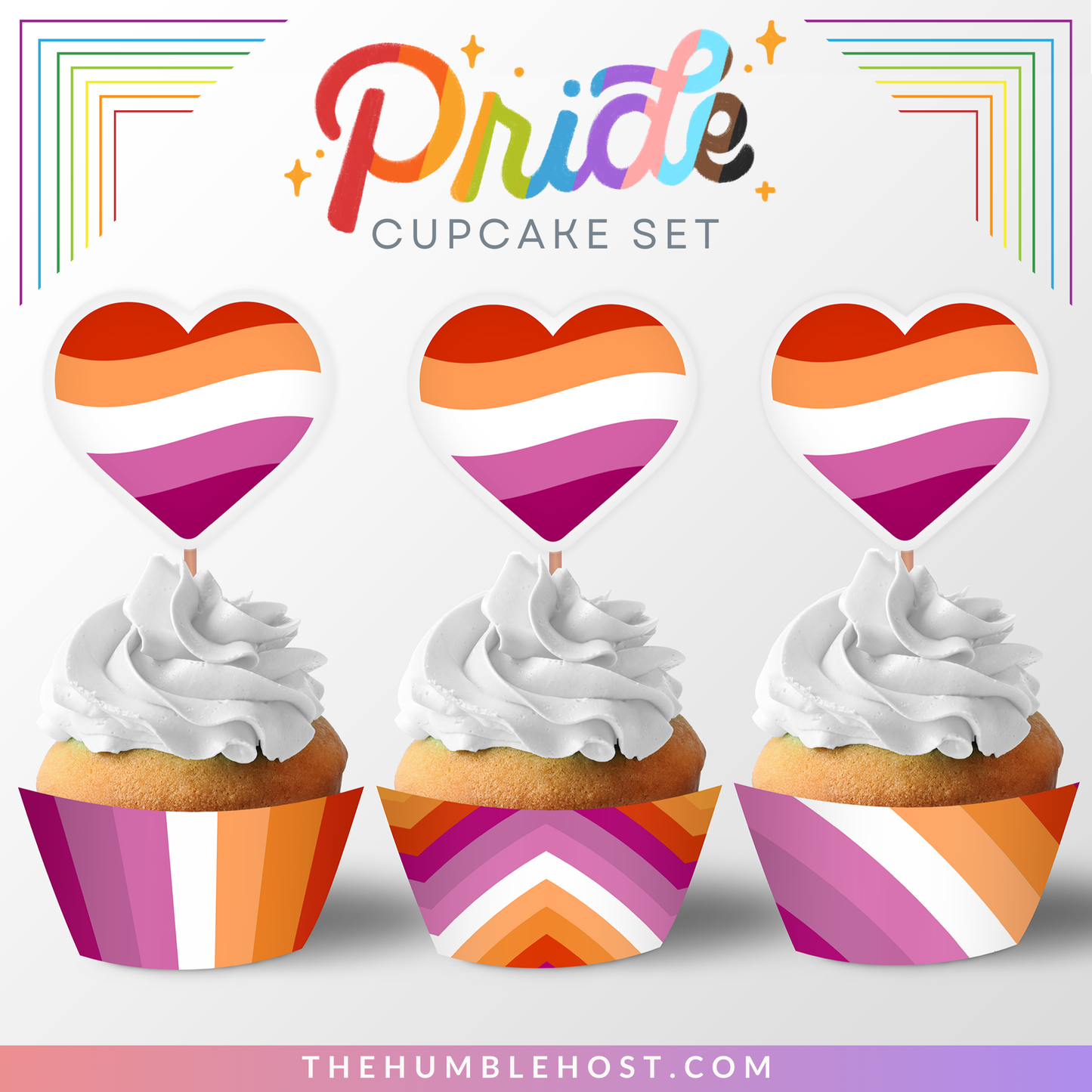 Lesbian Pride Cupcake Toppers, Cupcake Wrappers, Printable LGBTQ Pride Month Party Decor, Lesbian Pride Flag, Lesbian Day of Awareness Party, diy printable party decorations, party favor, lesbian party decor, pride flag cupcake, lesbian pride decor