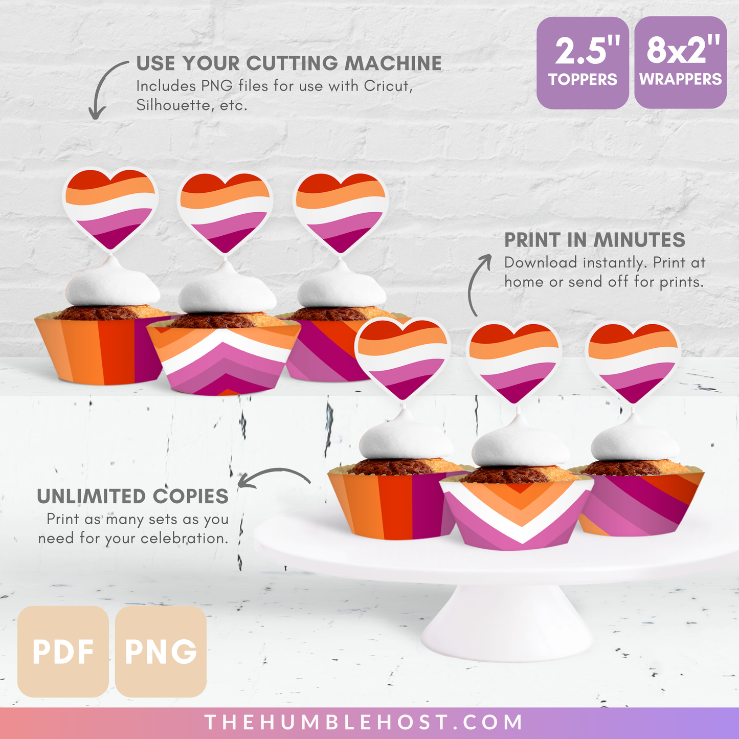 Lesbian Pride Cupcake Toppers, Cupcake Wrappers, Printable LGBTQ Pride Month Party Decor, Lesbian Pride Flag, Lesbian Day of Awareness Party, diy printable party decorations, party favor, lesbian party decor, pride flag cupcake, lesbian pride decor