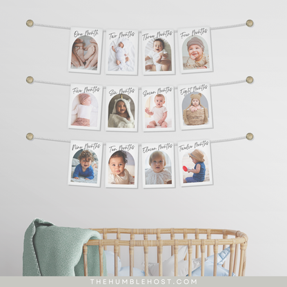 First Birthday Photo Banner Template, Editable Babys 1st Year Monthly Milestone Cards, Printable Modern Photo Garland, 12 month photos, 1st birthday decor, baby photo display, first year photos, gender neutral, milestone banner, minimalist banner