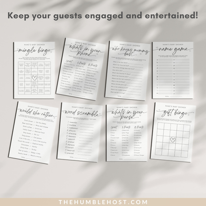 Baby Shower Game Set, Minimalist Shower Games, Gender Neutral Printable Baby game Bundle, Bingo, trivia, baby shower bundle, baby shower signs, editable template, minimal baby shower, modern baby shower, printable baby games, shower game bundle