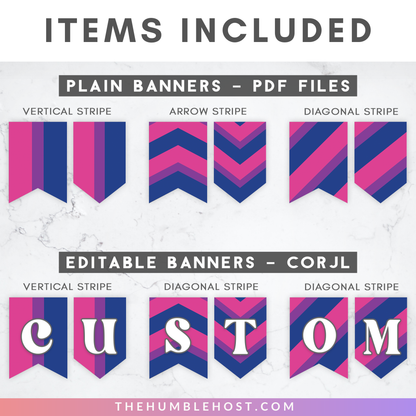 Bisexual Pride Flag Printable Banner for LGBTQ Pride Month, Pride Party Decor Editable Template, Custom Text Bi Pride Flag Bunting, Equality, pride flag banner, diy party, bisexual flag, pride month decor, pride parade decor, inclusive pride banner