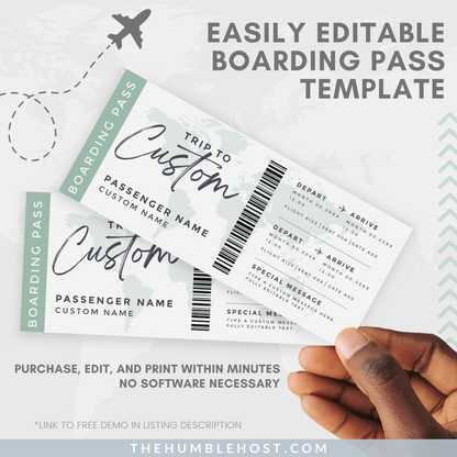 Editable Boarding Pass Template, Printable Boarding Pass, Customizable Plane Tickets Surprise Trip, Airplane Ticket Gift, travel gift ideas, editable template, surprise ticket, travel gift card, airline ticket, custom boarding pass, travel itinerary