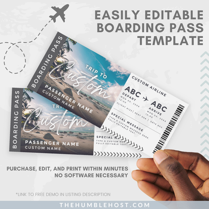 Editable Boarding Pass Template, Printable Boarding Pass, Customizable Plane Tickets Surprise Trip, Airplane Ticket Gift, travel gift ideas, editable template, surprise ticket, travel gift card, airline ticket, custom boarding pass, travel itinerary