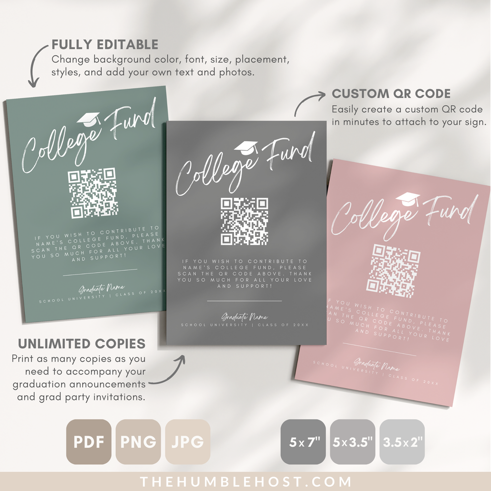 College Fund QR Code Graduation Insert | Editable Template | Printable ...