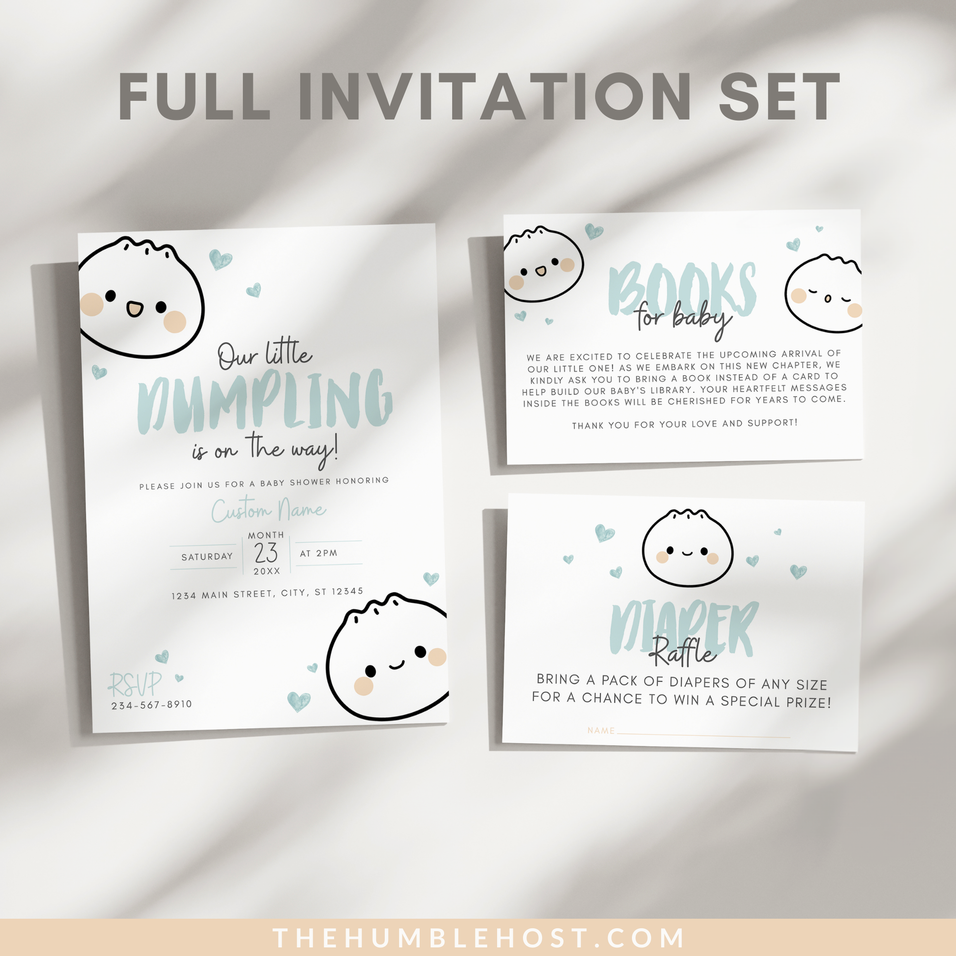 Little Dumpling Baby Shower Invitation Set, Dumpling Baby Shower Invitation, Bao Dumpling Baby Shower Bundle, Books for Baby, Diaper Raffle, baby shower bundle, baby shower suite, baby sprinkle, welcome baby, editable template, baby shower invite