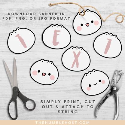 Cute Dumpling Banner, Bao Dim Sum Party Editable Template, Little Dumpling Baby Shower Garland, Custom Printable, Kawaii Decor Birthday, custom colors, custom party decor, cricut silhouette, printable party, custom banner, banner template printable