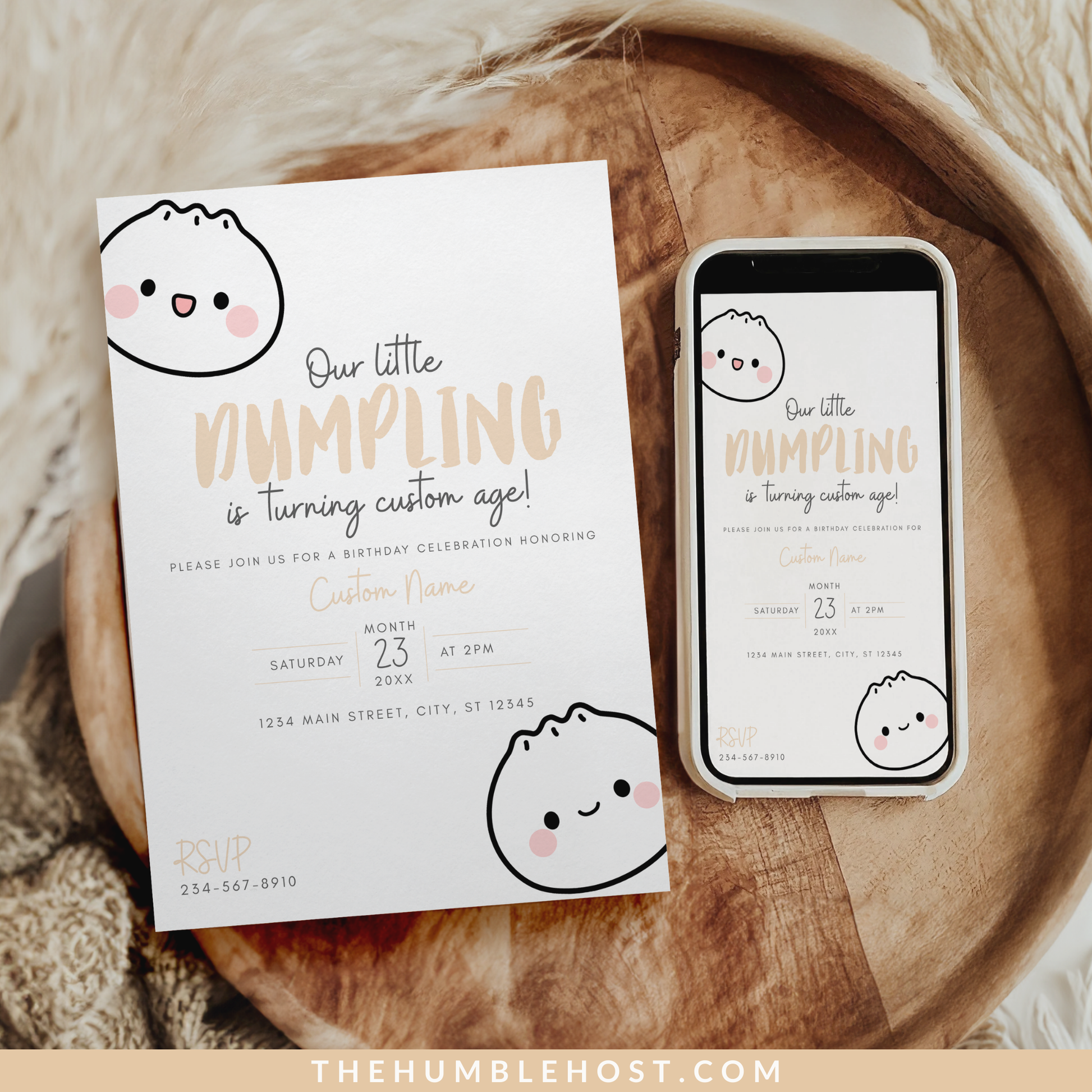 Dumpling Birthday Invitation, Bao Birthday Party Invite, Dim Sum Party Digital Evite, Little Dumpling Editable Template, Instant Download, first birthday, digital invitation, kids party, kawaii bao, cute dumpling, custom colors, printable invitation