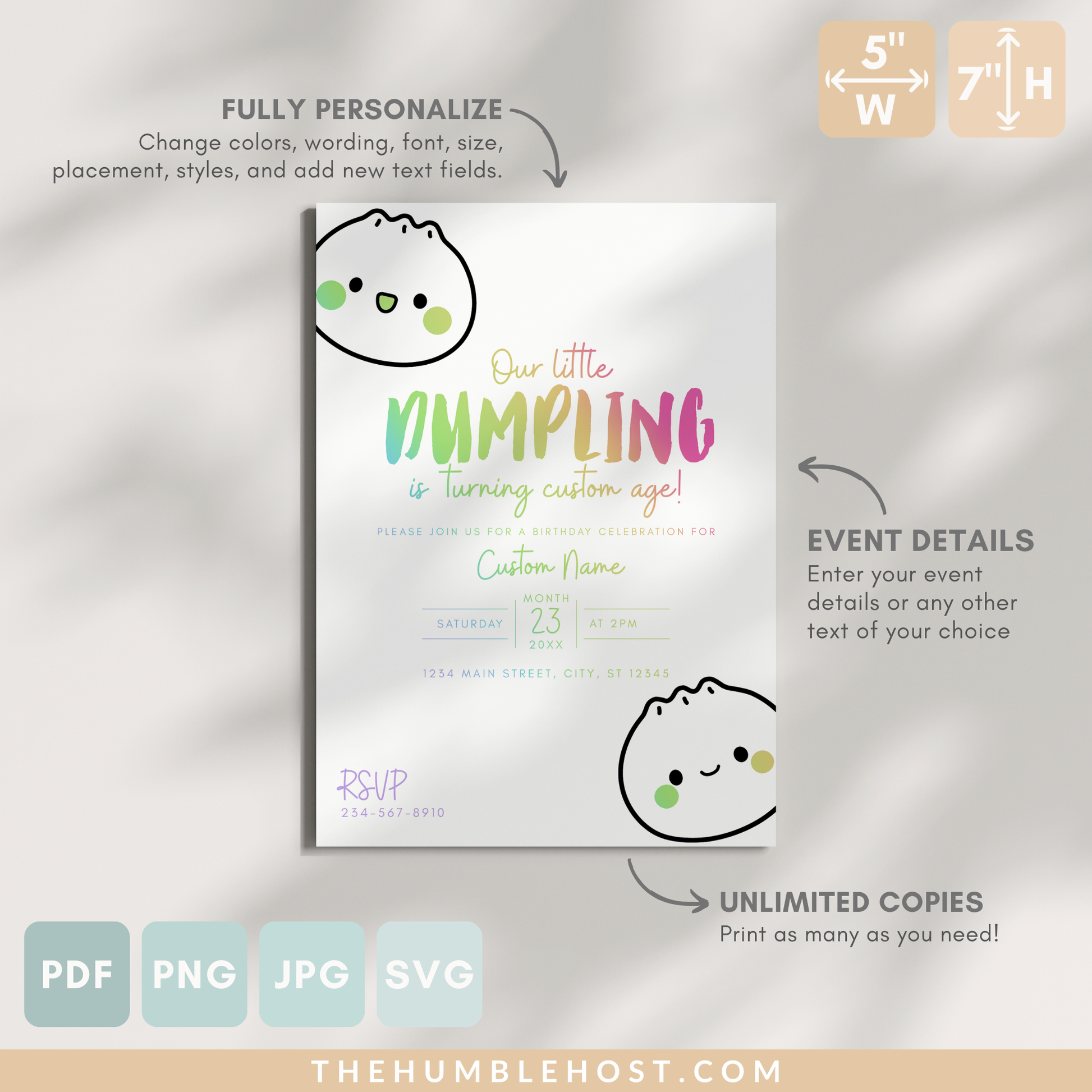 Dumpling Birthday Invitation, Bao Birthday Party Invite, Dim Sum Party Digital Evite, Little Dumpling Editable Template, Instant Download, first birthday, digital invitation, kids party, kawaii bao, cute dumpling, custom colors, printable invitation