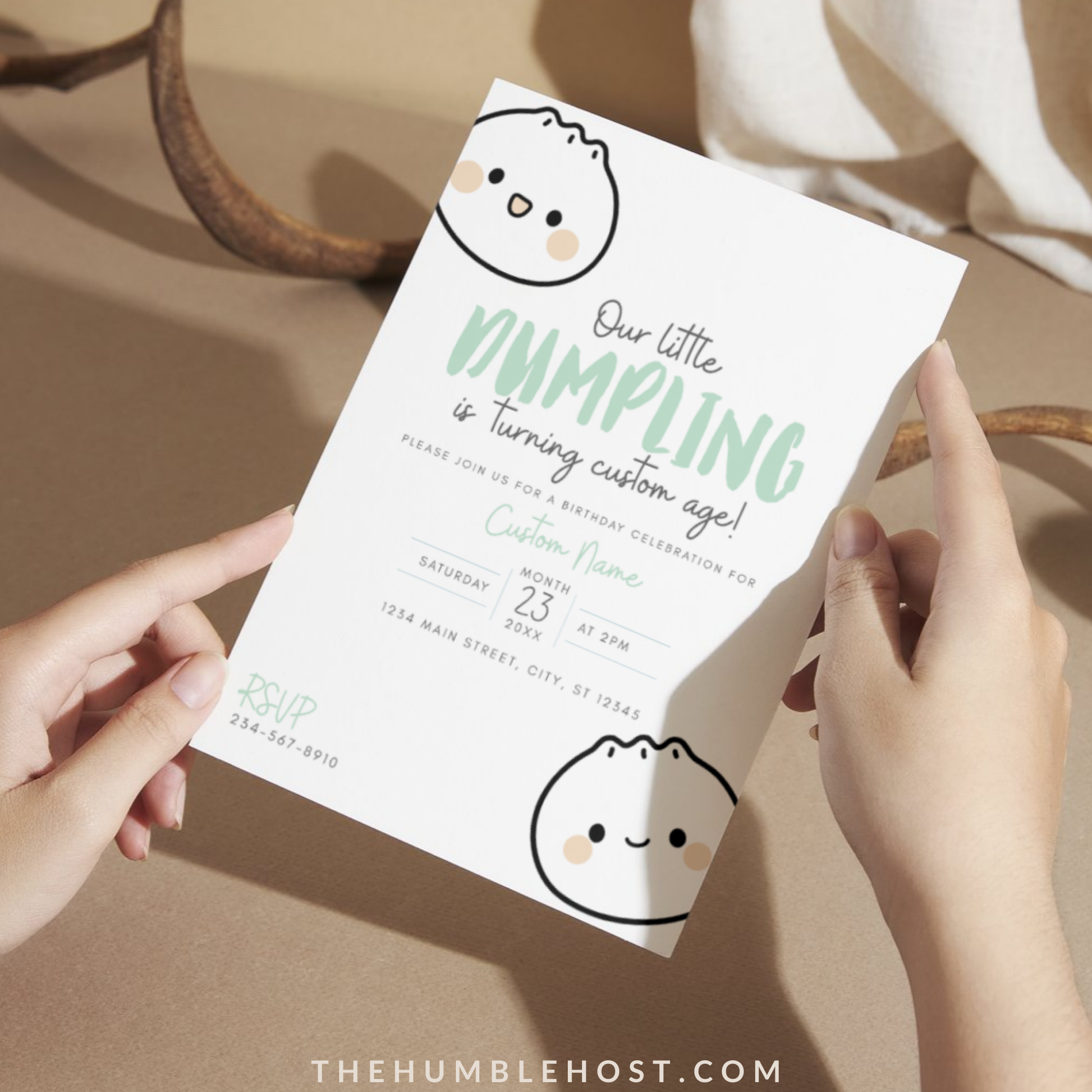 Dumpling Birthday Invitation, Bao Birthday Party Invite, Dim Sum Party Digital Evite, Little Dumpling Editable Template, Instant Download, first birthday, digital invitation, kids party, kawaii bao, cute dumpling, custom colors, printable invitation