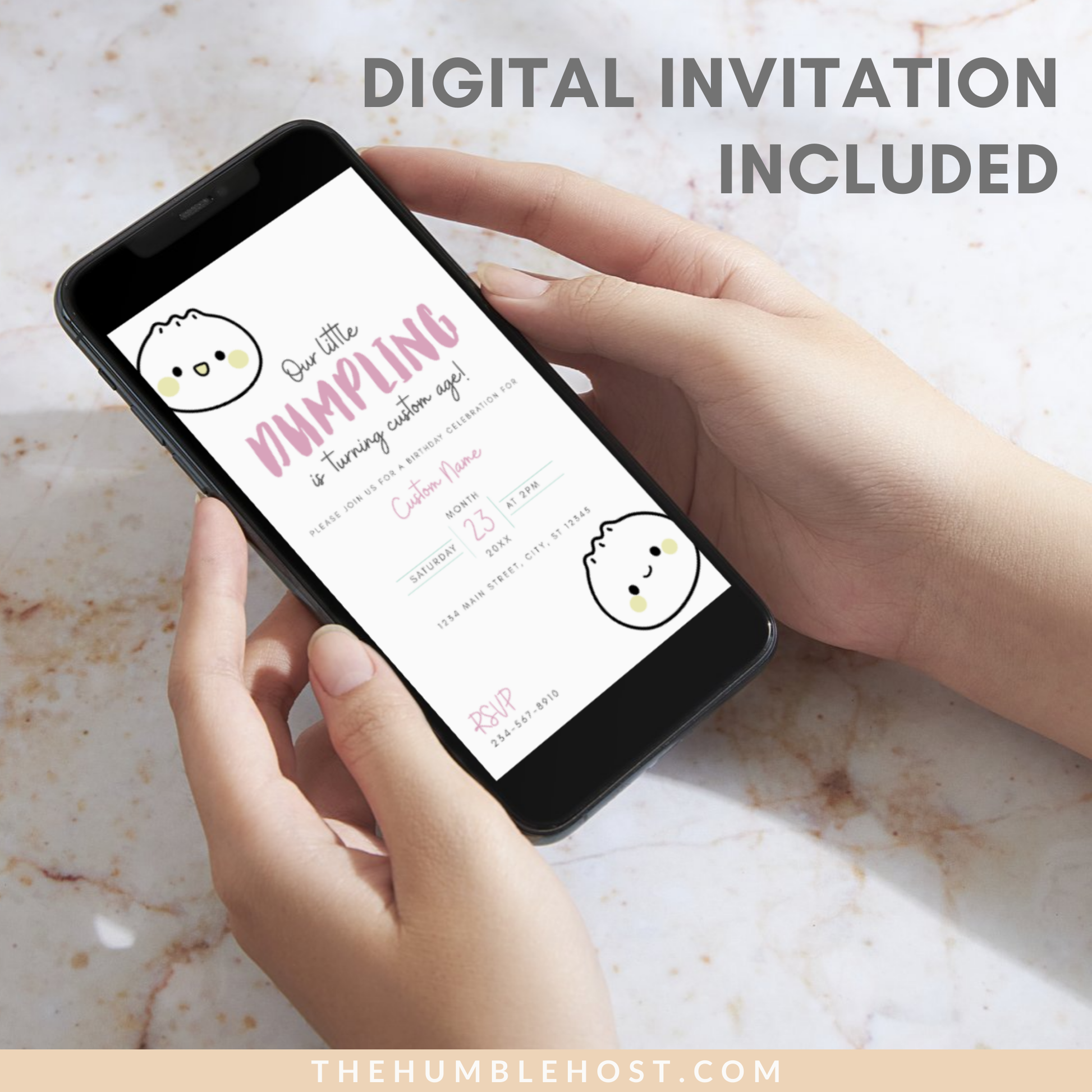 Dumpling Birthday Invitation, Bao Birthday Party Invite, Dim Sum Party Digital Evite, Little Dumpling Editable Template, Instant Download, first birthday, digital invitation, kids party, kawaii bao, cute dumpling, custom colors, printable invitation