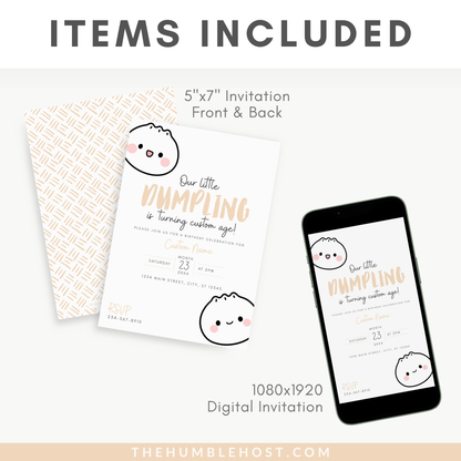 Dumpling Birthday Invitation, Bao Birthday Party Invite, Dim Sum Party Digital Evite, Little Dumpling Editable Template, Instant Download, first birthday, digital invitation, kids party, kawaii bao, cute dumpling, custom colors, printable invitation