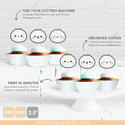 Cute Dumpling Cupcake Toppers Cupcake Wrappers, Bao Dim Sum Party Cupcake Set, Little Dumpling Baby Shower, Printable Custom Colors, Cricut template, custom editable cakes, custom cupcake, custom cake topper, custom colors, kawaii, custom party decor