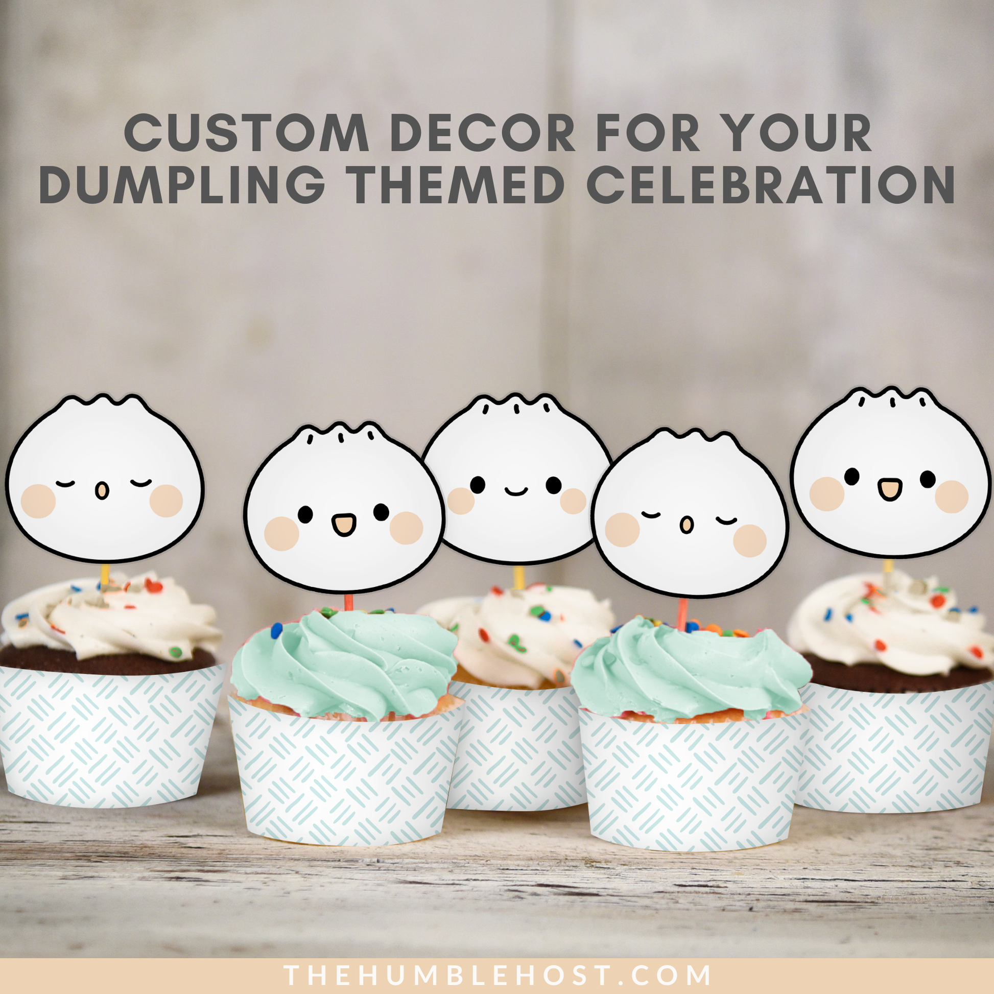 Cute Dumpling Cupcake Toppers Cupcake Wrappers, Bao Dim Sum Party Cupcake Set, Little Dumpling Baby Shower, Printable Custom Colors, Cricut template, custom editable cakes, custom cupcake, custom cake topper, custom colors, kawaii, custom party decor