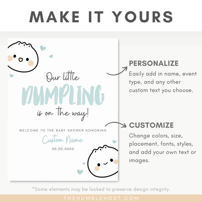 Cute Dumpling Welcome Sign, Little Dumpling Baby Shower Event Sign, Dim Sum Custom Sign, Printable Bao DIY Event Decor Editable Template, diy party decor, printable sign, welcome poster, shower, custom event sign, baby shower decor, kawaii, baby boy