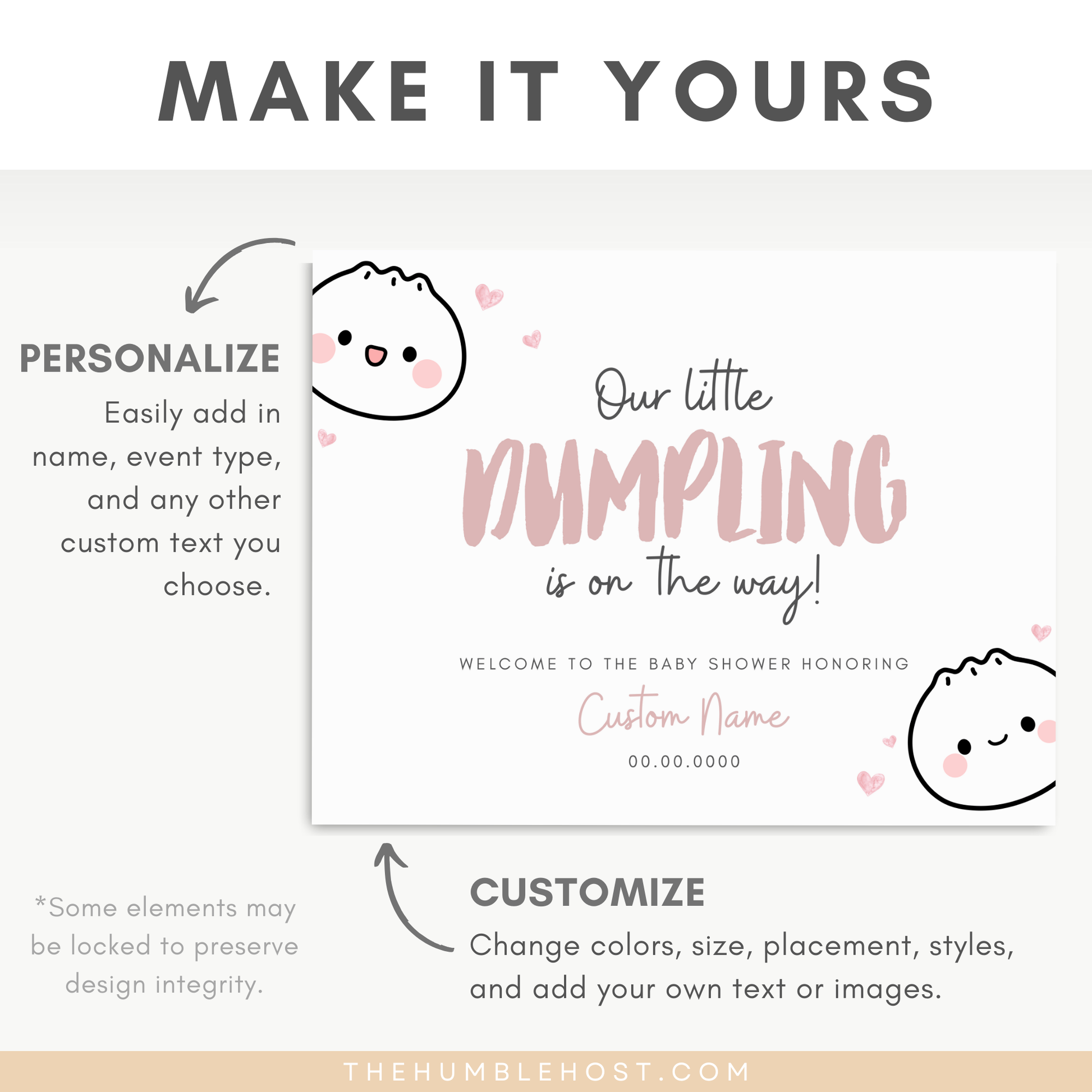 Cute Dumpling Welcome Sign, Little Dumpling Baby Shower Event Sign, Dim Sum Custom Sign, Printable Bao DIY Event Decor Editable Template, diy party decor, printable sign, welcome poster, shower, custom event sign, baby shower decor, kawaii, baby girl