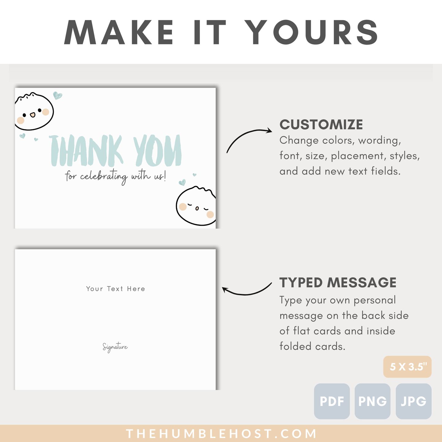 Cute Dumpling Thank You Cards, Dim Sum, Bao Editable Thank You Card, Printable Party Little Dumpling Baby Shower Set, Kawaii, Editable Template, editable shower, diy party decor, card template, printable thank you, party favors, printable favor card