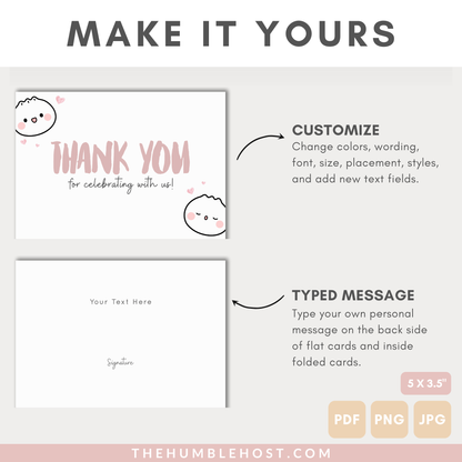 Cute Dumpling Thank You Cards, Dim Sum, Bao Editable Thank You Card, Printable Party Little Dumpling Baby Shower Set, Kawaii, Editable Template, editable shower, diy party decor, card template, printable thank you, party favors, printable favor card