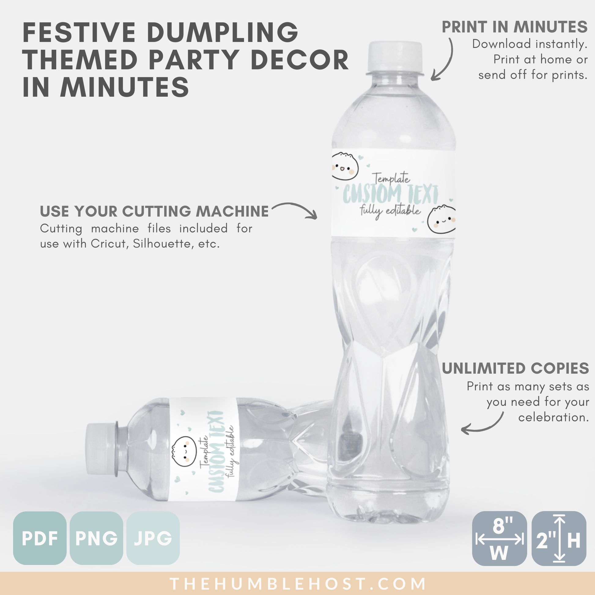 Cute Dumpling Water Bottle Labels, Bao Dim Sum Party Editable Template, Little Dumpling Baby Shower, Custom Printable party Water Bottle Sticker, custom colors, custom party decor, cricut silhouette, diy label template, water wrapper sticker, kawaii