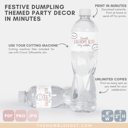 Cute Dumpling Water Bottle Labels, Bao Dim Sum Party Editable Template, Little Dumpling Baby Shower, Custom Printable party Water Bottle Sticker, custom colors, custom party decor, cricut silhouette, diy label template, water wrapper sticker, kawaii