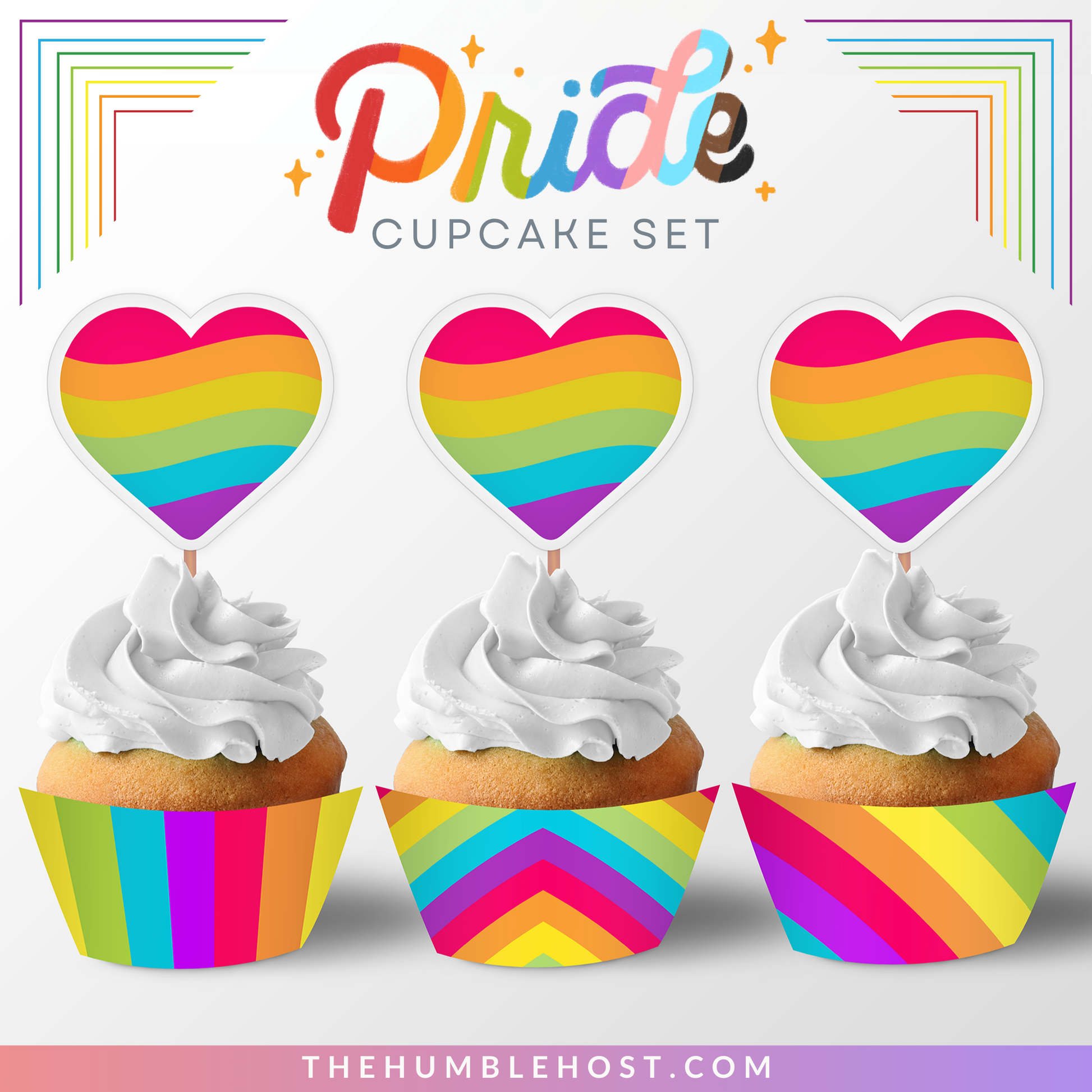 Rainbow Cupcake Toppers And Cupcake Wrappers, Printable LGBTQ Pride Month Party Decor, Gay Pride Flag, Rainbow Heart, Printable Party Set, diy party decor, party decorations, party favor, food favor, pride month, gay pride party, pride rainbow flag