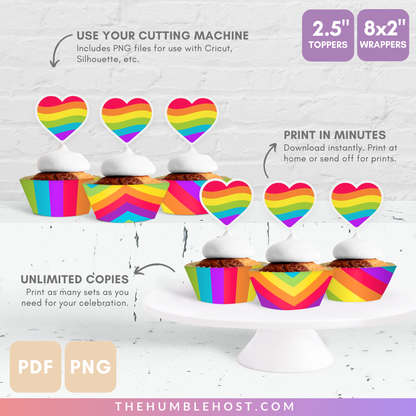 Rainbow Cupcake Toppers And Cupcake Wrappers, Printable LGBTQ Pride Month Party Decor, Gay Pride Flag, Rainbow Heart, Printable Party Set, diy party decor, party decorations, party favor, food favor, pride month, gay pride party, pride rainbow flag