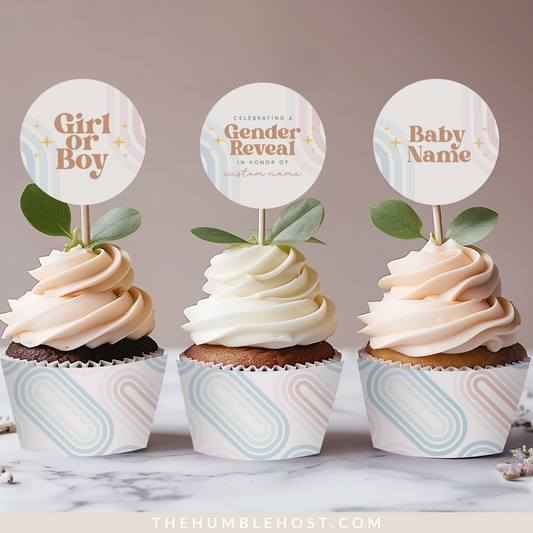 Retro Gender Reveal Cupcake Toppers and Cupcake Wrappers. Fully editable Template. Printable. Beige with pink and blue retro rainbow design. Retro text. Retro Stars. He or She. Boy or Girl. Gender Neutral Cupcake Set.