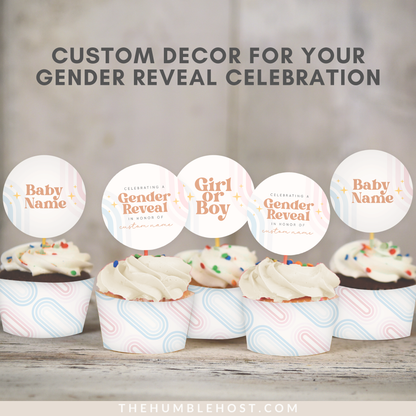 Retro Gender Reveal Cupcake Toppers and Cupcake Wrappers. Fully editable Template. Printable. Beige with pink and blue retro rainbow design. Retro text. Retro Stars. He or She. Boy or Girl. Gender Neutral Cupcake Set.