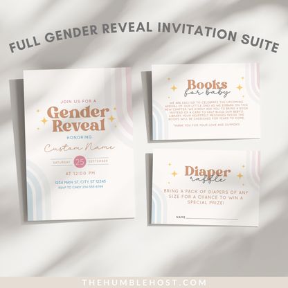 Retro Gender Reveal Invitation. Digital Invitation. Printable Invitation. Fully editable Template. Printable. Beige with pink and blue retro rainbow design. Retro text. Retro Stars. He or She. Boy or Girl. Gender Neutral Party Set