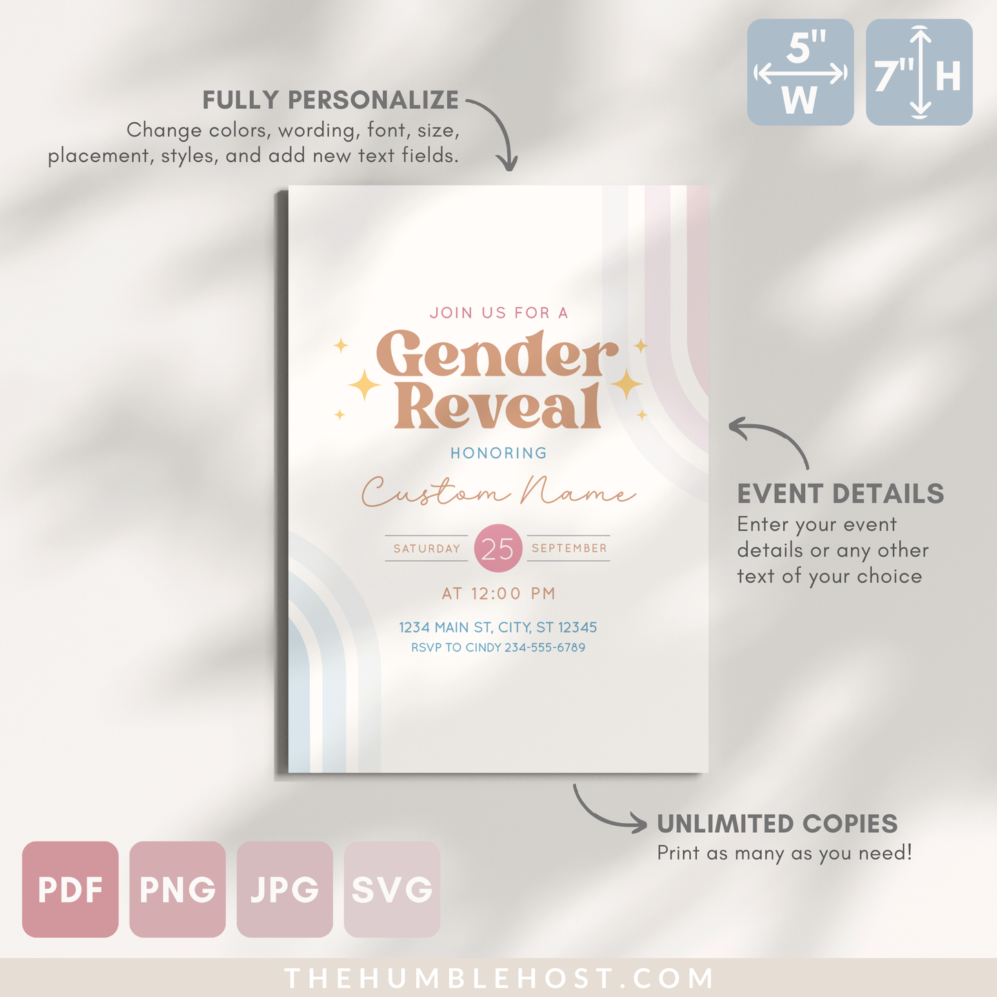 Retro Gender Reveal Invitation. Digital Invitation. Printable Invitation. Fully editable Template. Printable. Beige with pink and blue retro rainbow design. Retro text. Retro Stars. He or She. Boy or Girl. Gender Neutral Party Set