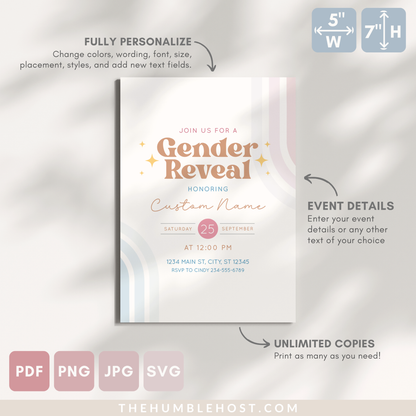 Retro Gender Reveal Invitation. Digital Invitation. Printable Invitation. Fully editable Template. Printable. Beige with pink and blue retro rainbow design. Retro text. Retro Stars. He or She. Boy or Girl. Gender Neutral Party Set