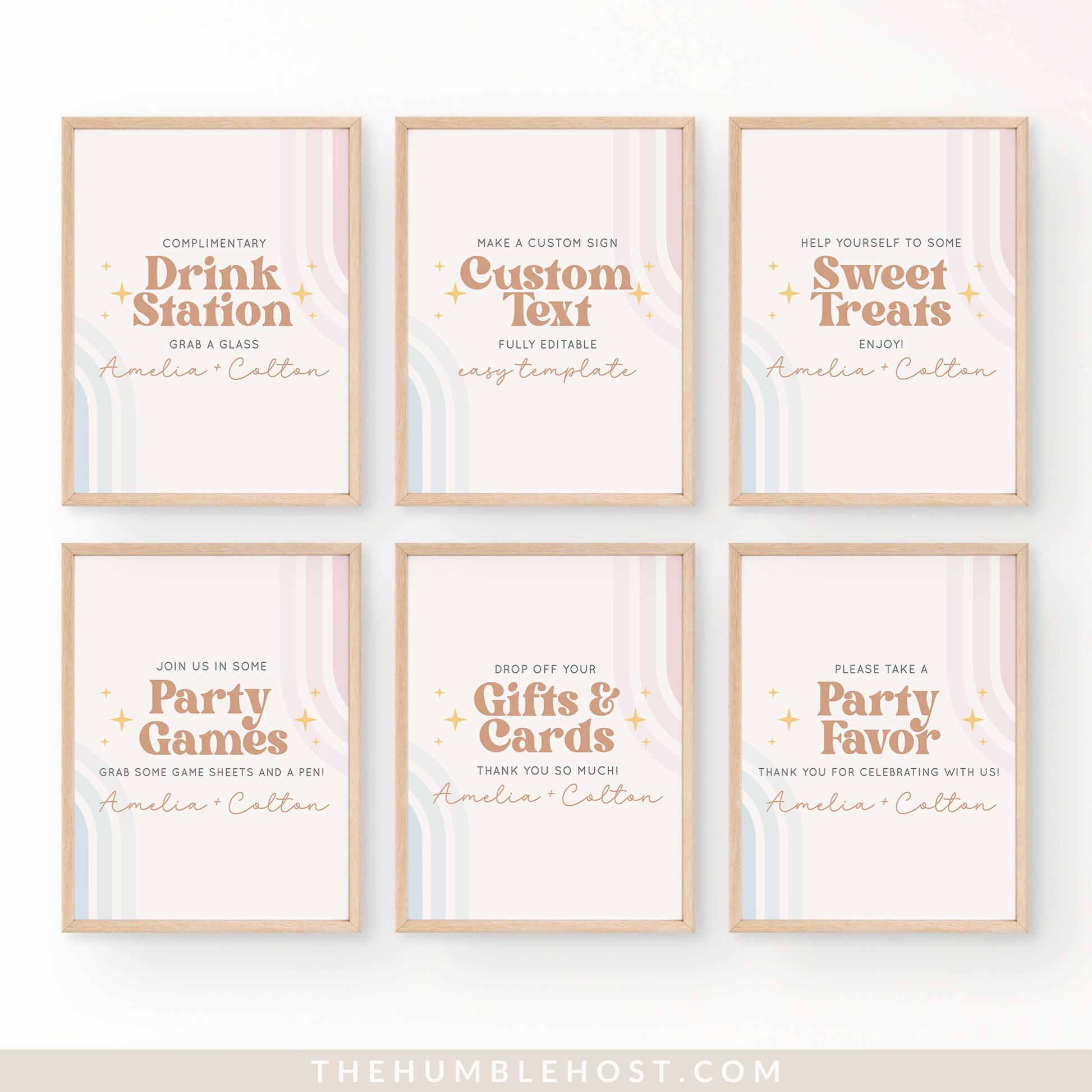 Retro Gender Reveal Table Signs, Printable Party Sign Editable Template, Boho Gender Reveal Shower Sign, He Or She, Retro Rainbow Pink Blue, custom sign, gender reveal sign, custom table signs, editable signs, gender neutral, diy gender reveal party