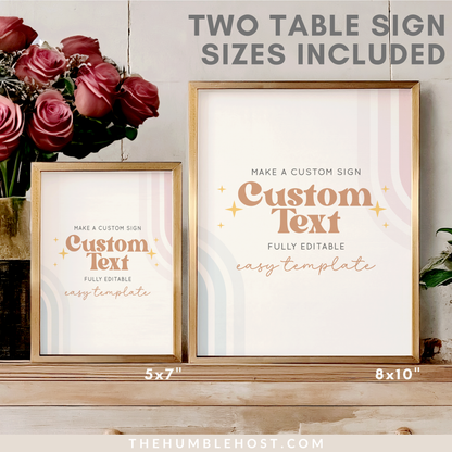 Retro Gender Reveal Table Signs, Printable Party Sign Editable Template, Boho Gender Reveal Shower Sign, He Or She, Retro Rainbow Pink Blue, custom sign, gender reveal sign, custom table signs, editable signs, gender neutral, diy gender reveal party