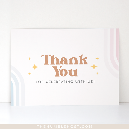 Retro Gender Reveal Thank You Cards, Editable Template, Landscape, Portrait, Printable Gender Reveal, Shower, baby shower card, boho baby shower, boho thank you card template, favor card, retro gender reveal, retro rainbow, baby shower thank you card