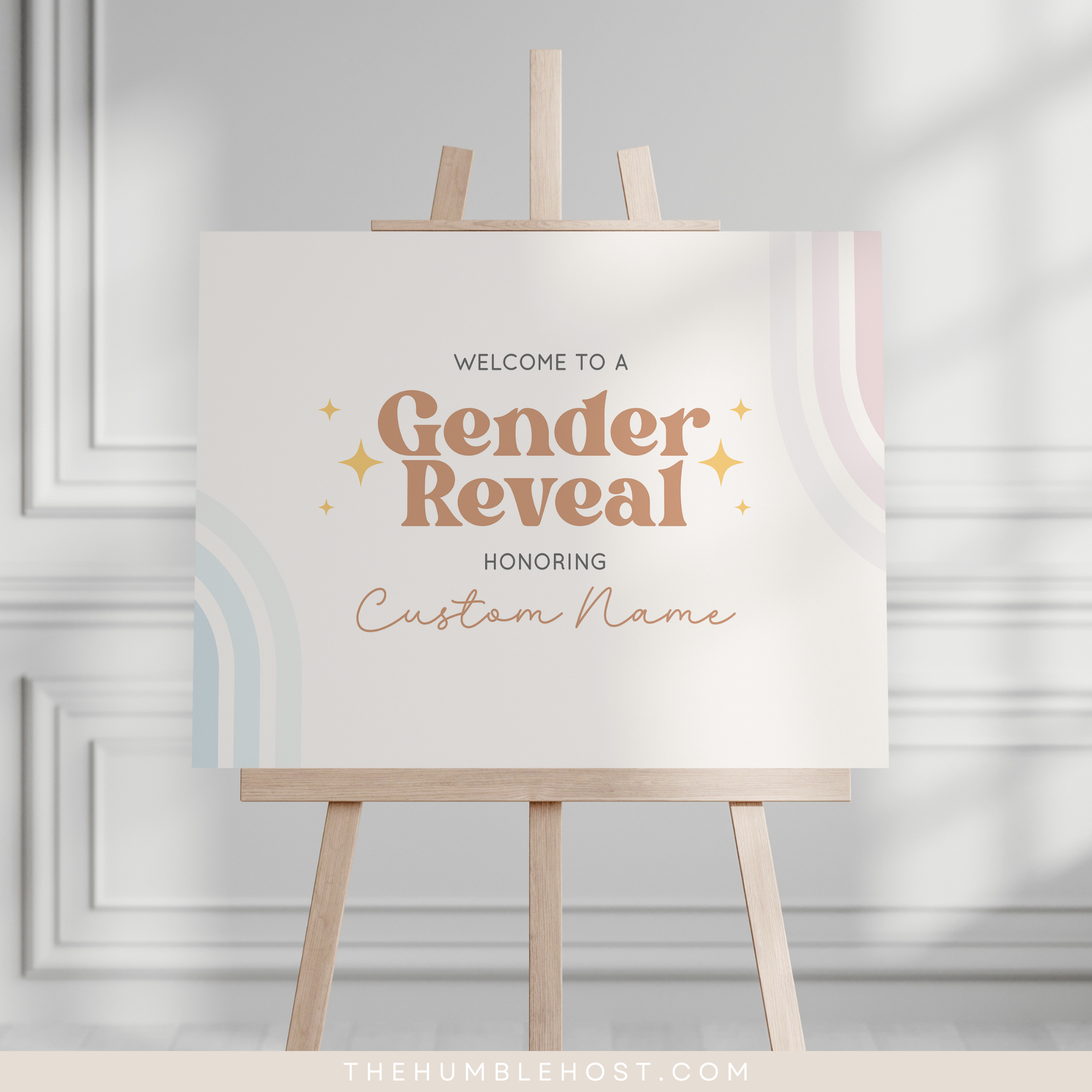 Retro Gender Reveal Welcome Signs, Printable Party Sign Editable Template, Boho Baby Shower Event Sign, He Or She, Retro Rainbow Pink Blue, custom sign, printable sign, retro baby shower, custom event sign template, shower welcome sign, event poster