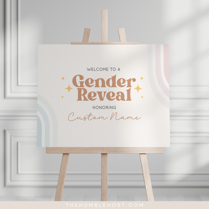 Retro Gender Reveal Welcome Signs, Printable Party Sign Editable Template, Boho Baby Shower Event Sign, He Or She, Retro Rainbow Pink Blue, custom sign, printable sign, retro baby shower, custom event sign template, shower welcome sign, event poster