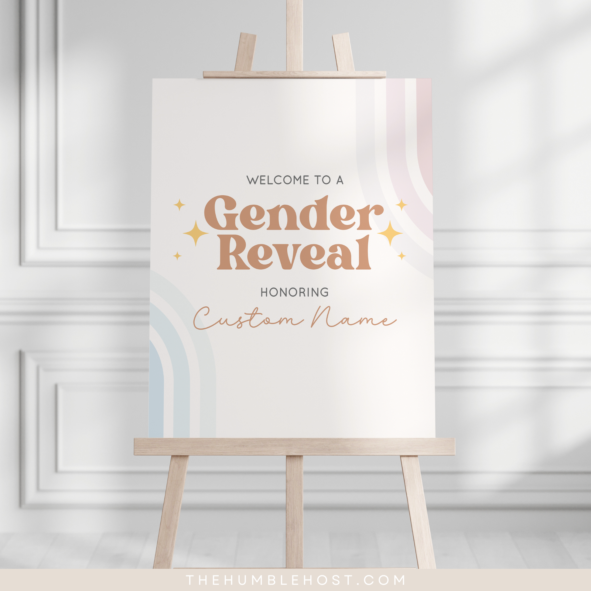 Retro Gender Reveal Welcome Signs, Printable Party Sign Editable Template, Boho Baby Shower Event Sign, He Or She, Retro Rainbow Pink Blue, custom sign, printable sign, retro baby shower, custom event sign template, shower welcome sign, event poster