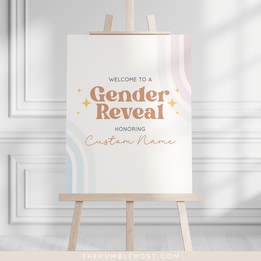 Retro Gender Reveal Welcome Signs, Printable Party Sign Editable Template, Boho Baby Shower Event Sign, He Or She, Retro Rainbow Pink Blue, custom sign, printable sign, retro baby shower, custom event sign template, shower welcome sign, event poster