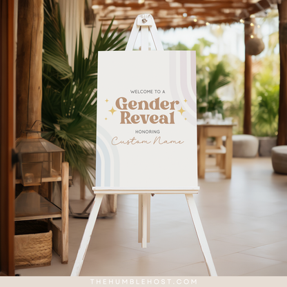 Retro Gender Reveal Welcome Signs, Printable Party Sign Editable Template, Boho Baby Shower Event Sign, He Or She, Retro Rainbow Pink Blue, custom sign, printable sign, retro baby shower, custom event sign template, shower welcome sign, event poster