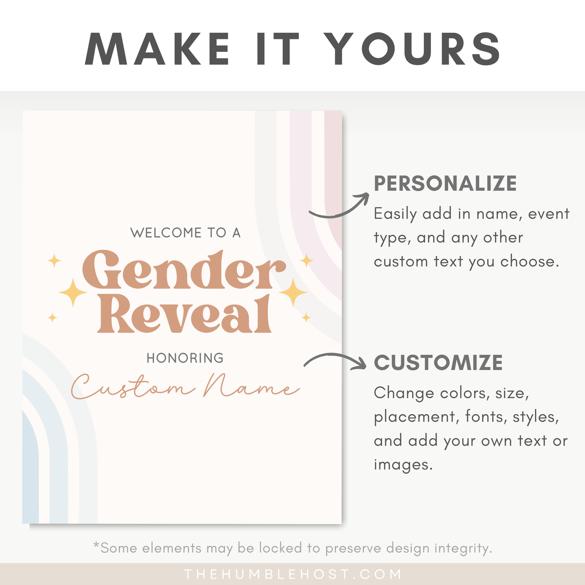 Retro Gender Reveal Welcome Signs, Printable Party Sign Editable Template, Boho Baby Shower Event Sign, He Or She, Retro Rainbow Pink Blue, custom sign, printable sign, retro baby shower, custom event sign template, shower welcome sign, event poster