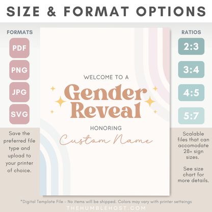 Retro Gender Reveal Welcome Signs, Printable Party Sign Editable Template, Boho Baby Shower Event Sign, He Or She, Retro Rainbow Pink Blue, custom sign, printable sign, retro baby shower, custom event sign template, shower welcome sign, event poster