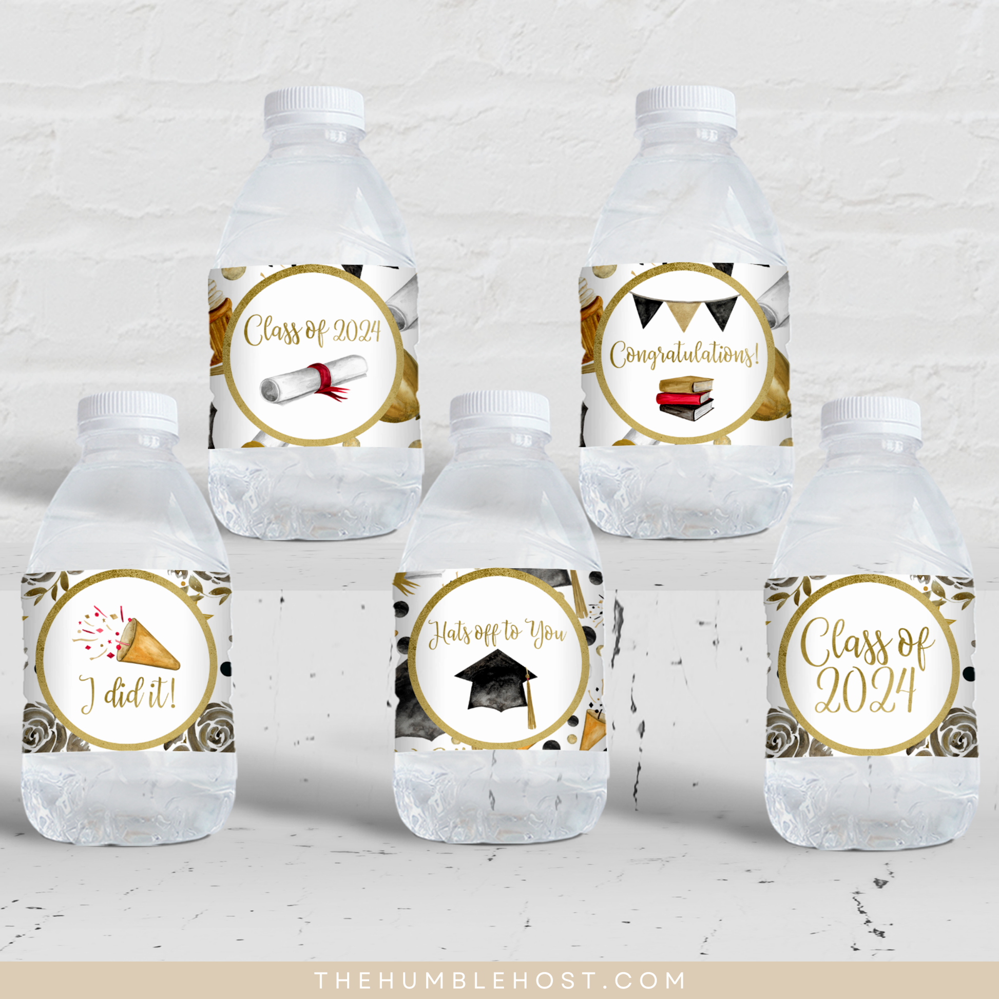 Graduation Bottle Labels, Printable Set of Five Water Bottle Decorations, Class of Party Favor Set, custom graduation centerpiece, grad favors, decor, labels, stickers, personalized grad, water bottle wrapper