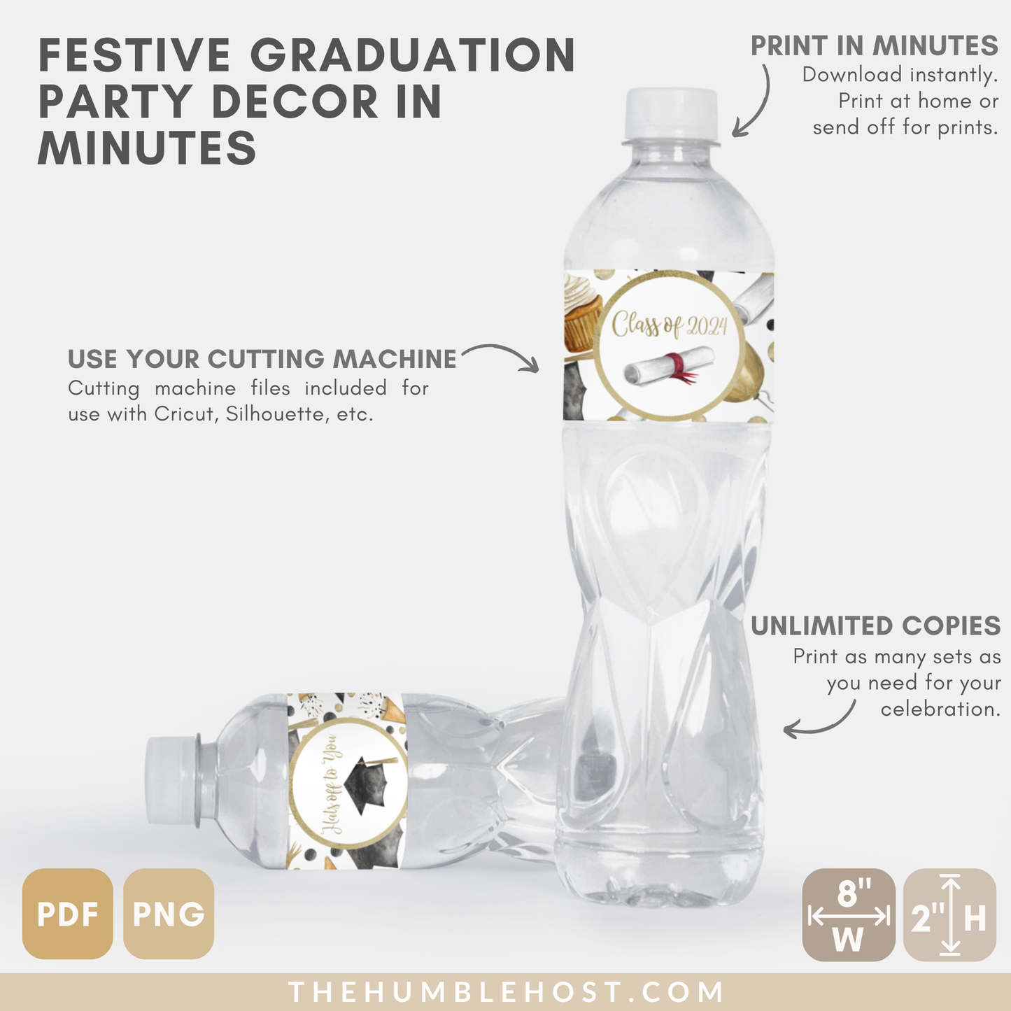 Graduation Bottle Labels, Printable Set of Five Water Bottle Decorations, Class of Party Favor Set, custom graduation centerpiece, grad favors, decor, labels, stickers, personalized grad, water bottle wrapper