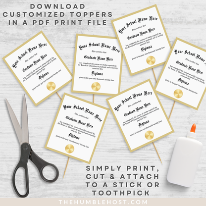 Personalized Graduation Cupcake Toppers, Custom Mini Diplomas, Graduation Party Decorations, Class of, graduation, custom party decor, graduation decor, graduation diploma template, graduation favors, graduation name, high school grad