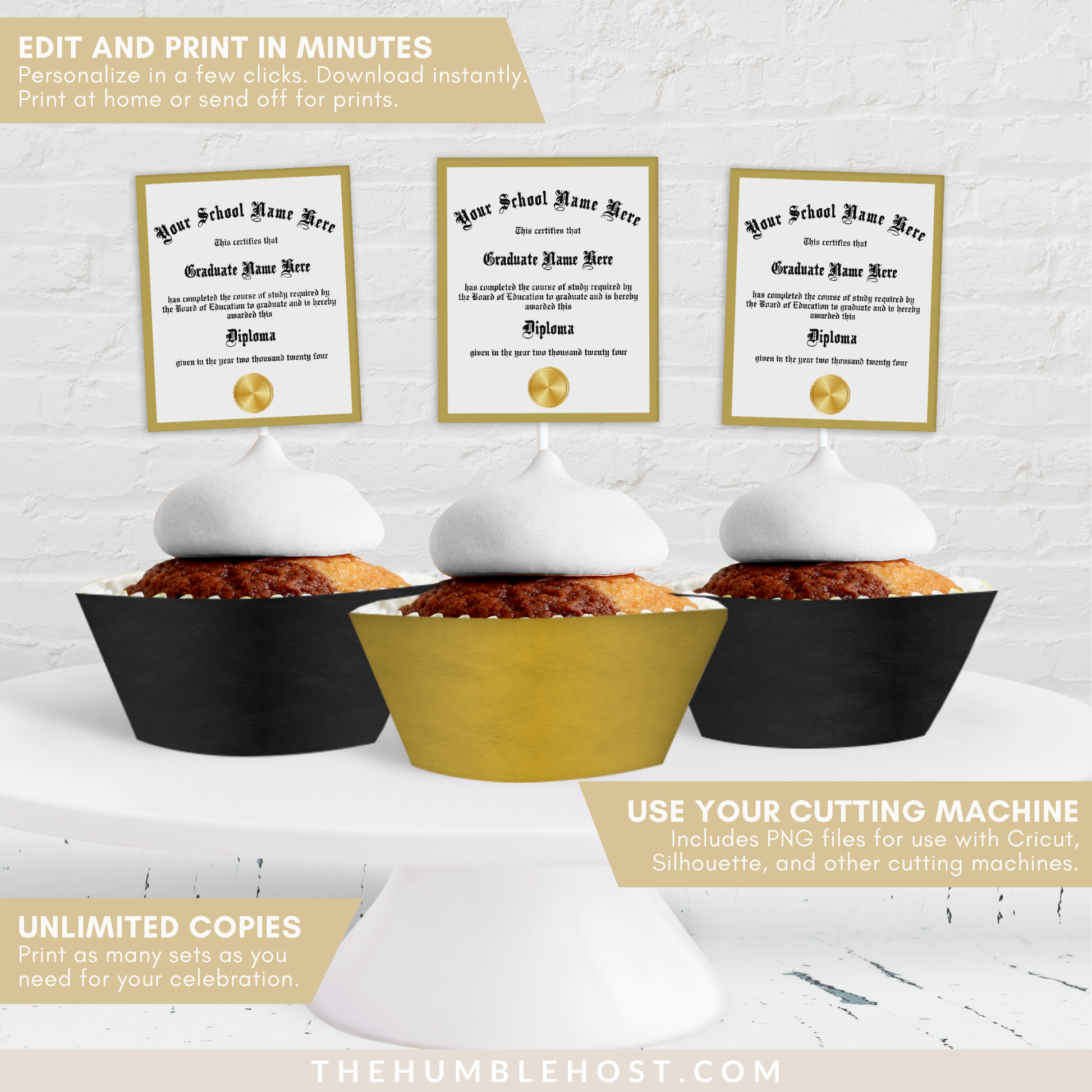 Personalized Graduation Cupcake Toppers, Custom Mini Diplomas, Graduation Party Decorations, Class of, graduation, custom party decor, graduation decor, graduation diploma template, graduation favors, graduation name, high school grad